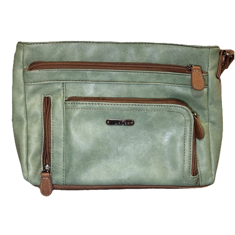 MultiSac Soft Green Tan Crossbody Purse Travel‎ Bag Multi Zip Pockets Spacious